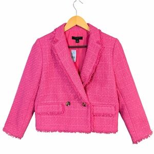 NEW Ann Taylor Fringe Tweed Double-Breasted Blazer Bright Pink Size 4 Petite